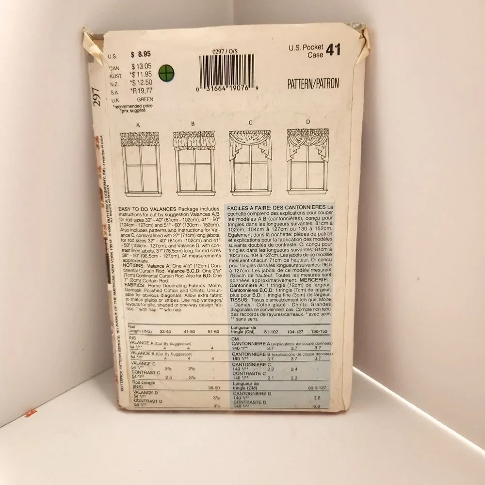 Vintage 90s Butterick #297 Waverly Window Vallance Pattern Patterns One Size